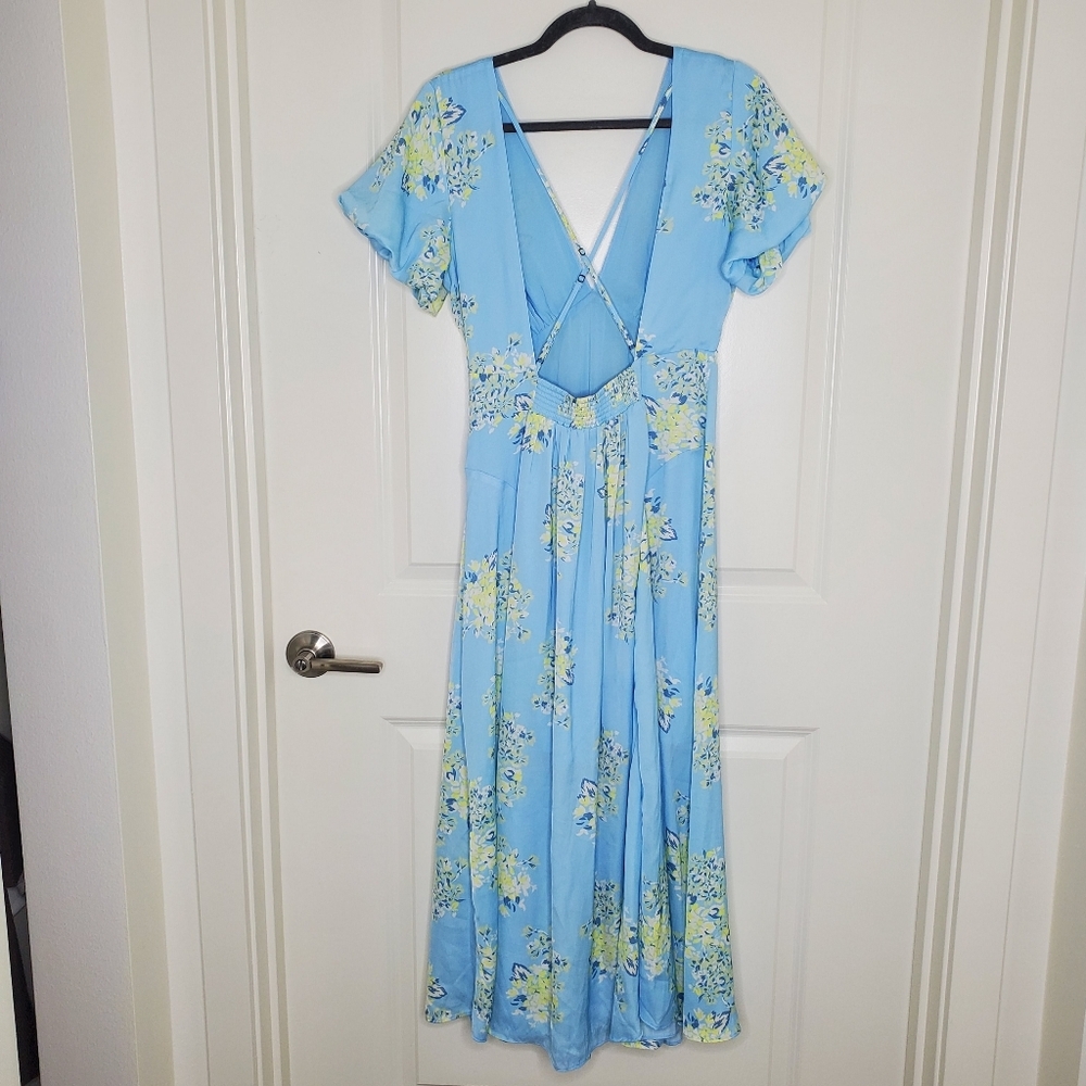 Free People Revolve Laura Blue Floral Print Satin Strappy Open Back Midi Dress - Picture 6 of 12